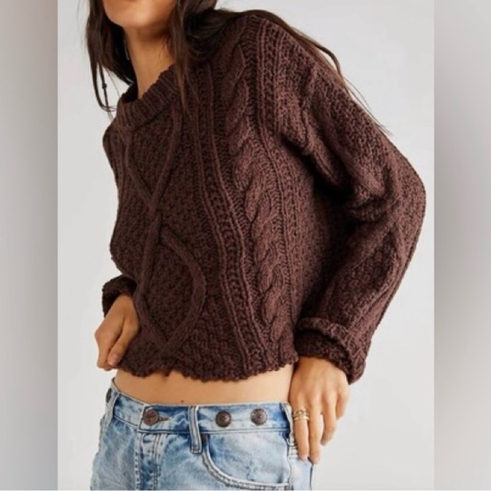 Free People Chocolate Brown Cable Knit Crop Sweater
